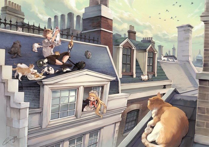 Anime boy with cats on rooftops and girl in window