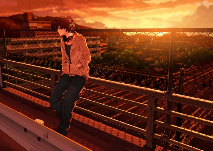 Anime boy with headphones on a bridge at sunset