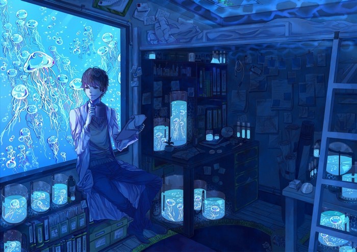 Anime scientist with jellyfish aquarium in a blue laboratory