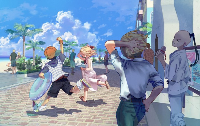 Children playing on a sunny beach resort boardwalk