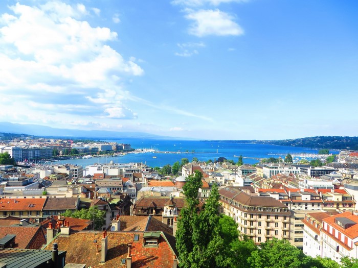 Geneva cityscape with lake and mountains