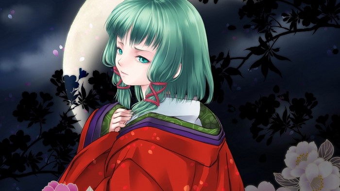 Anime girl in Japanese clothes under the moon