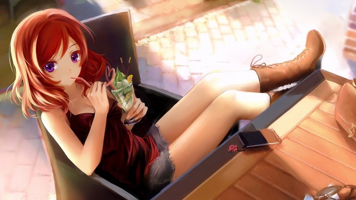 Nishikino Maki from Love Live! drinking a parfait