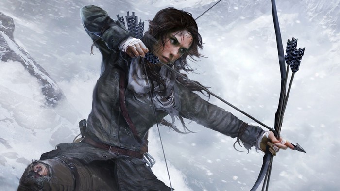 Lara Croft from Rise of the Tomb Raider aiming a bow