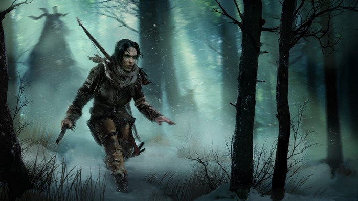 Lara Croft from Rise of the Tomb Raider in a snowy forest