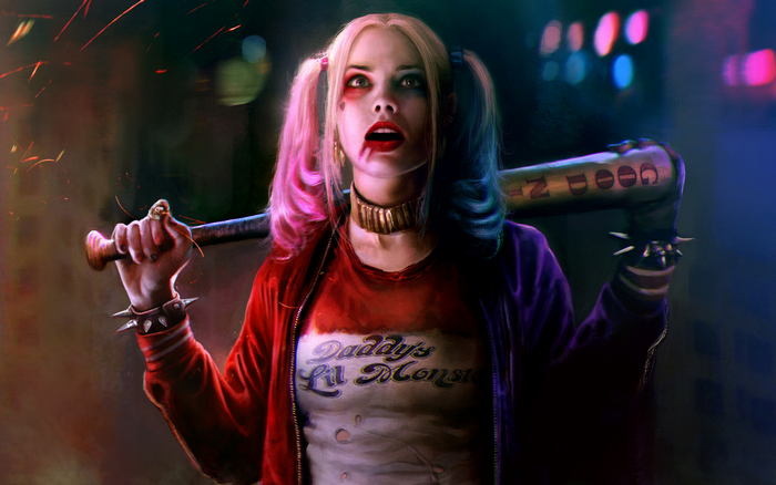 Harley Quinn Holding Baseball Bat in Dark Nightclub