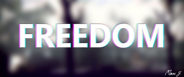 The word FREEDOM in 3D typography with glitch effect