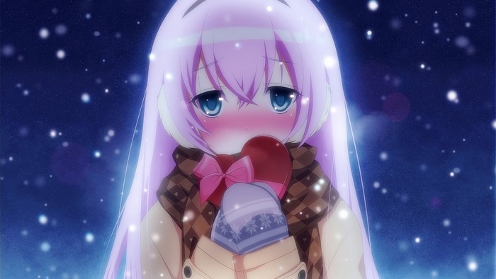 Anime girl with pink hair holding a heart-shaped box