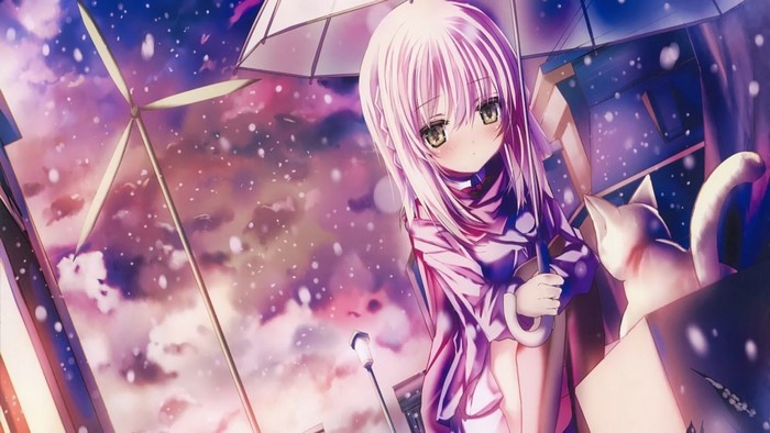 Anime girl with cat under umbrella in snow