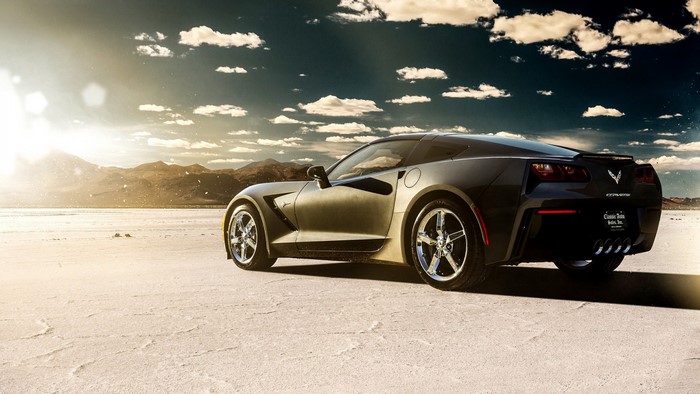 Black Chevrolet Corvette Stingray on a Salt Flat