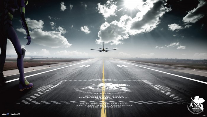 EVA Unit 01 on Airport Runway with ANA Airplane