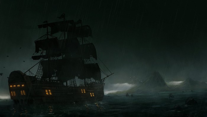 Ghost ship sailing in a stormy sea with rain