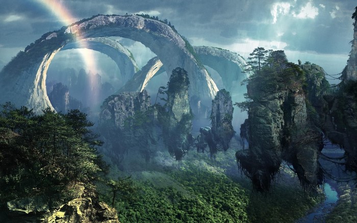 Floating islands with natural arches and a rainbow