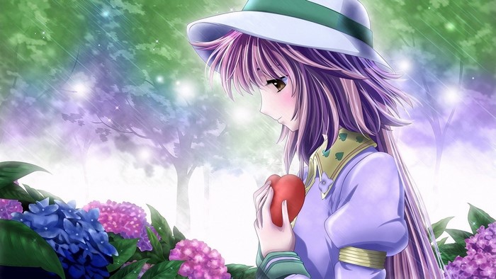 Anime girl with purple hair holding a red heart