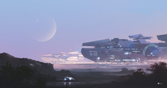 Science fiction fleet with spacecraft and moon