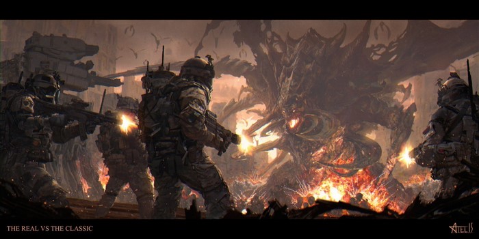 Soldiers fighting a large monster in a ruined city