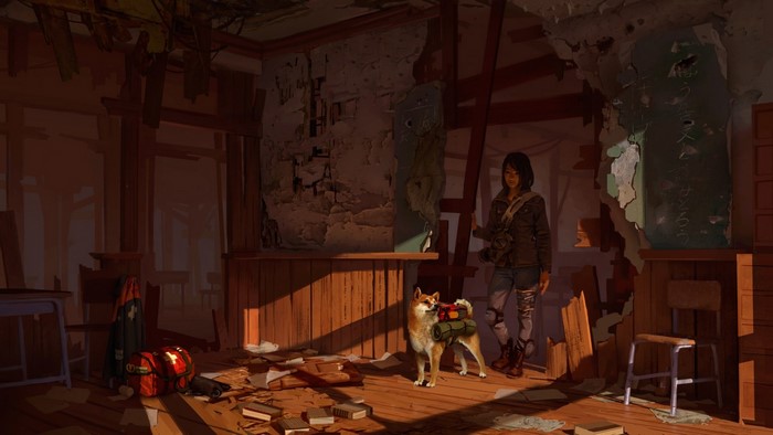 Girl and Shiba Inu in a ruined room
