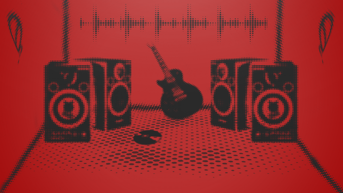 Red Music Room with Guitar and Speakers