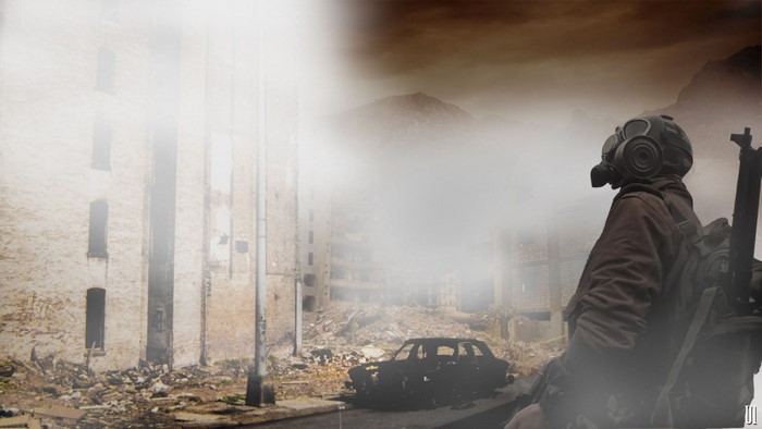 Soldier with gas mask in apocalyptic ruins