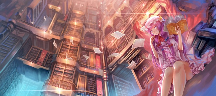Patchouli Knowledge from Touhou reading a book in a library