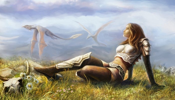 Fantasy warrior woman resting with dragons flying overhead