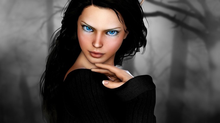 Fantasy elf woman with blue eyes and black hair