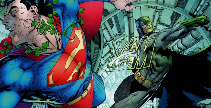 Batman fighting Superman in a comic book panel