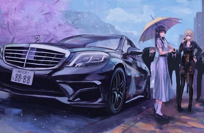 Mercedes-Benz S-Class with women and bodyguards