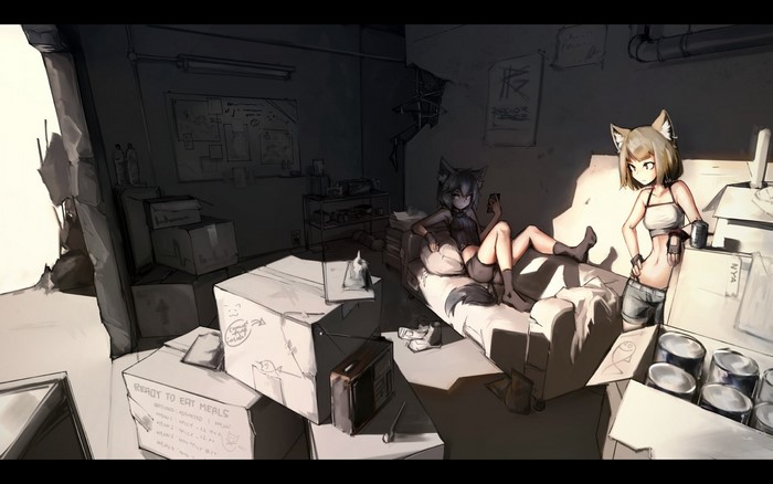 Two anime girls with cat ears in a cluttered room