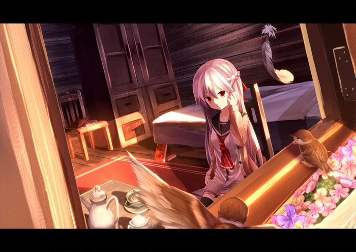 Anime girl with white hair and school uniform in a room with birds