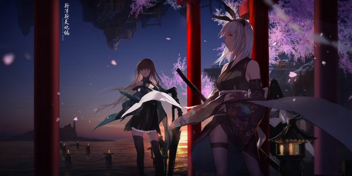 Anime girls with swords near torii gates at sunset