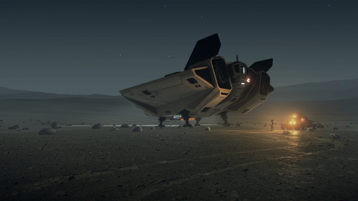 Spaceship and vehicle on a barren planet at night