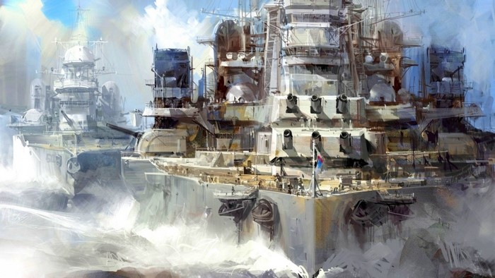 Two battleships sailing through rough waters