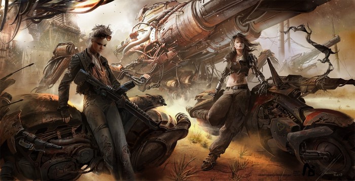 Two women with futuristic motorcycles and a large machine