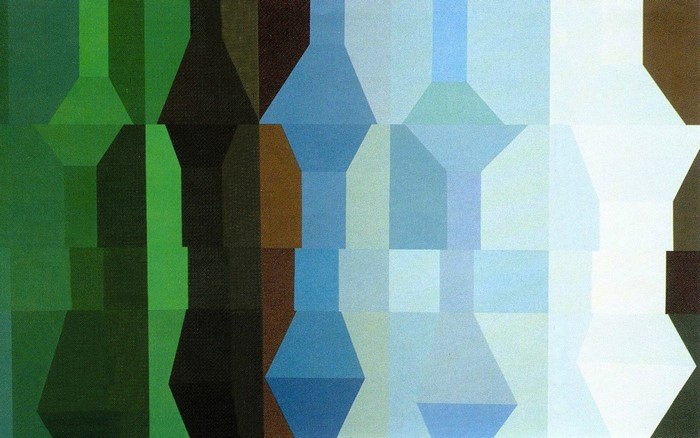 Abstract geometric painting with green and blue hues