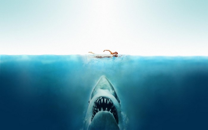 Great White Shark attacking a swimmer from Jaws movie poster