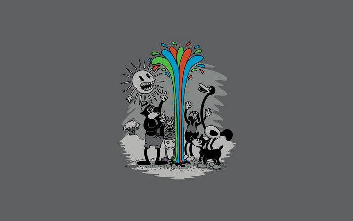 Cartoon characters and a sun by a rainbow fountain