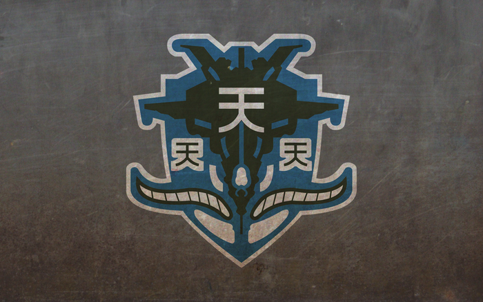 Blue and green emblem with Japanese characters
