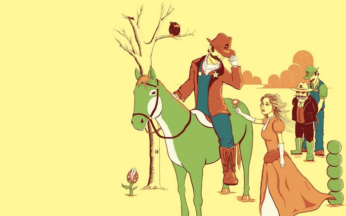 Mario and Luigi as cowboys with Princess Peach