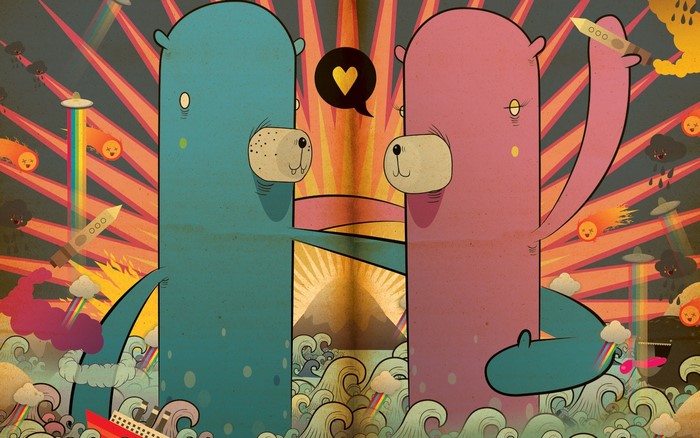 Two cartoon bears in love with rockets and rainbows