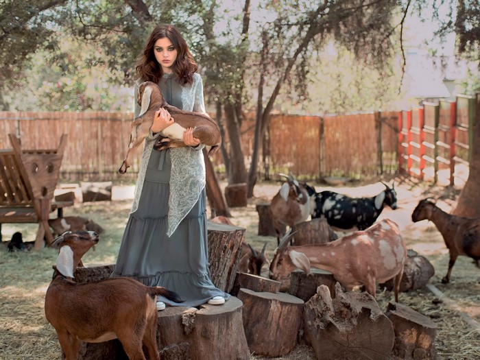 Woman Holding Goat Among Goats in Rustic Setting