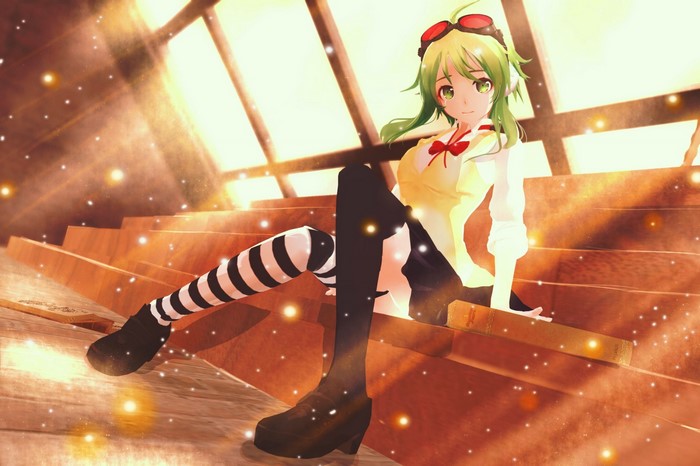 Megpoid Gumi from Vocaloid sitting on stairs