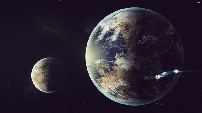 Two planets and a spaceship in outer space