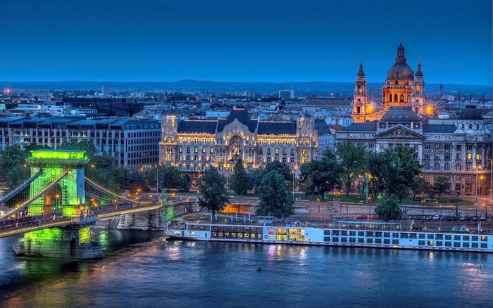 Budapest cityscape with Chain Bridge and Danube River at dusk