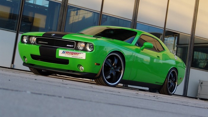 Green Dodge Challenger SRT with Black Stripes