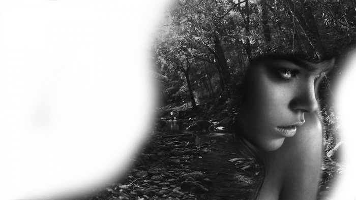 Black and white portrait of a woman superimposed on a forest stream