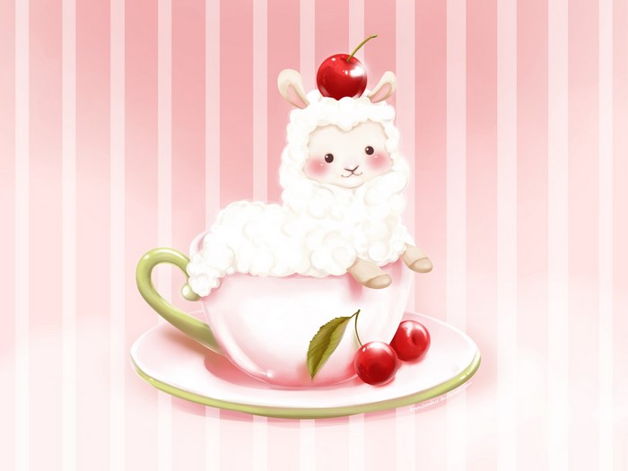 Cute sheep in a teacup with cherries