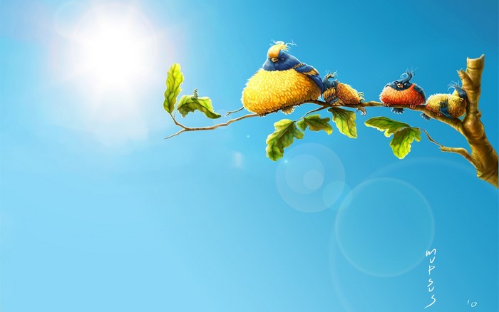 Four cartoon birds on a tree branch under the sun