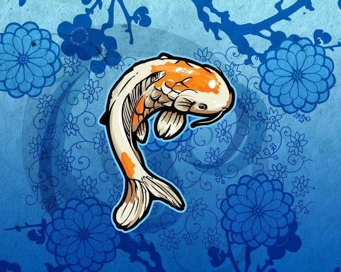 Koi fish illustration with floral background