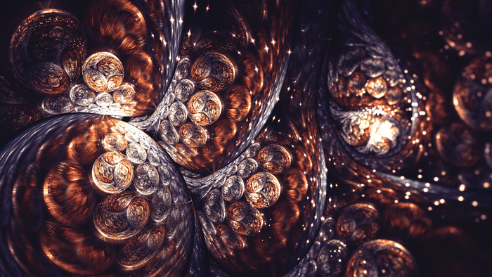 Abstract fractal art with swirling patterns and glowing orbs